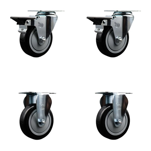 4'' Black Poly Wheel Swivel Top Plate Caster Set with 2 Posi Brakes 2 Rigid, 4PK
